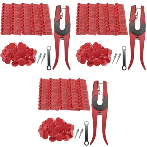 HASTHIP® Livestock Ear Tag Applicator Cattle Animal Pliers 001-100 Numbered Tags Tools Set for Cows Sheep Pig Cow Farming Equipment Red 3 PCS