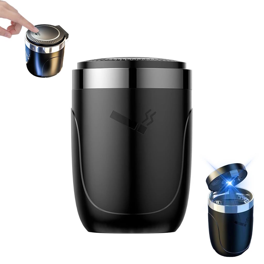 STHIRA Car Ashtray for Auto and Home with One Touch Flip Lid and Built In Light | Metal Alloy Lined Anti Odor Design
