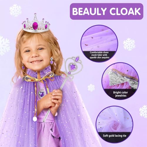 PATPAT® Princess Cape Costume Jewelry Set Princess Cosplay Suit with Crown & Jewelry Set Role Play Dress Up Costume Halloween Party Dressing Up Birthday Party Costume for Girls 4-5 Years Old