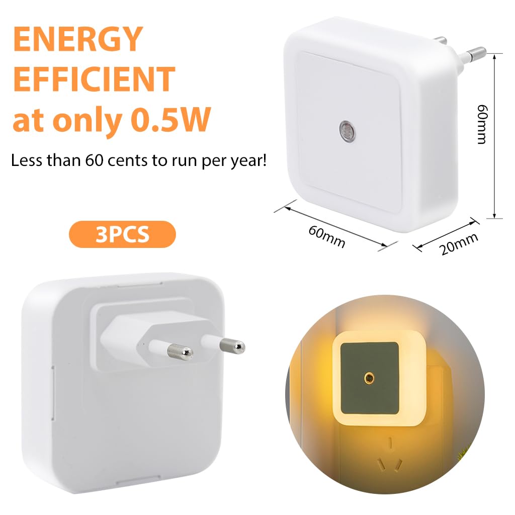 ELEPHANTBOAT LED Night Light for Bedroom and Hallway with Photocell Sensor | 3Pcs 2.4in Plug-In Warm Light