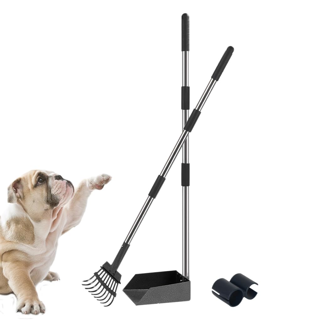 HASTHIP® Dog Pooper Scooper Tray Set, Dog Pooper Scooper for Large and Small Dogs with Long Handle, Adjustable Stainless Steel Rake Poo Rake for Dirt, Gravel, Lawns, Grass