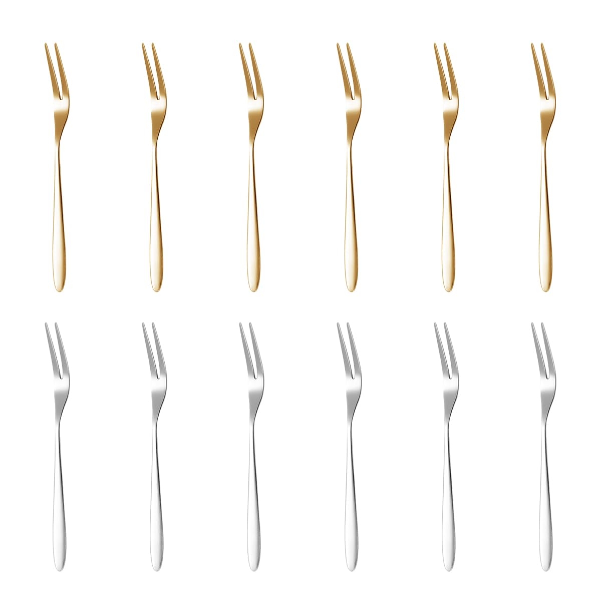 Supvox Fruit Fork Set for Parties and Weddings with Dual Prong Design 12Pcs 5.1 in Stainless Steel in Golden and Silver