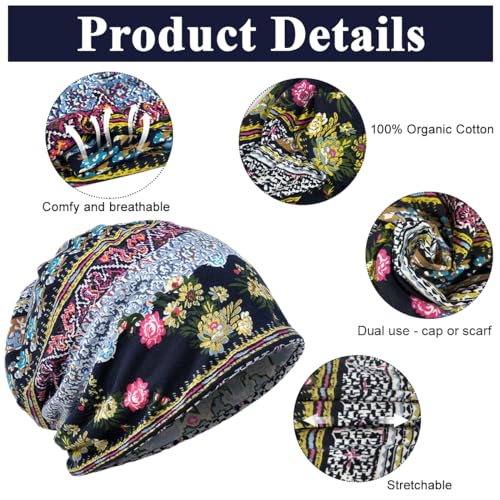 PALAY® Beanie Cap for Women Floral Print Chemo Slouchy Hijab Turban Fashion Hip-Hop Skull Dwarf Hats Boho Soft Running Head Scarves Teen Girls All Season Use 3 PCS Blue