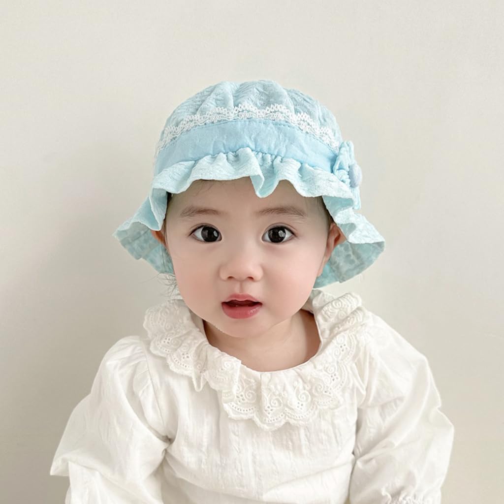 SNOWIE SOFT Turban Cap for Baby Girl with Windproof Chin Strap and Ruffle Brim | Blue Cotton Hat 42–46 cm