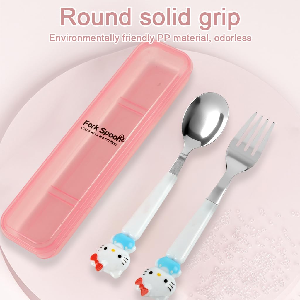 Supvox Cute Kitty Charm Spoon & Fork Combo Set for Kids and Adults 7.87 in | Stainless Steel with Storage Case