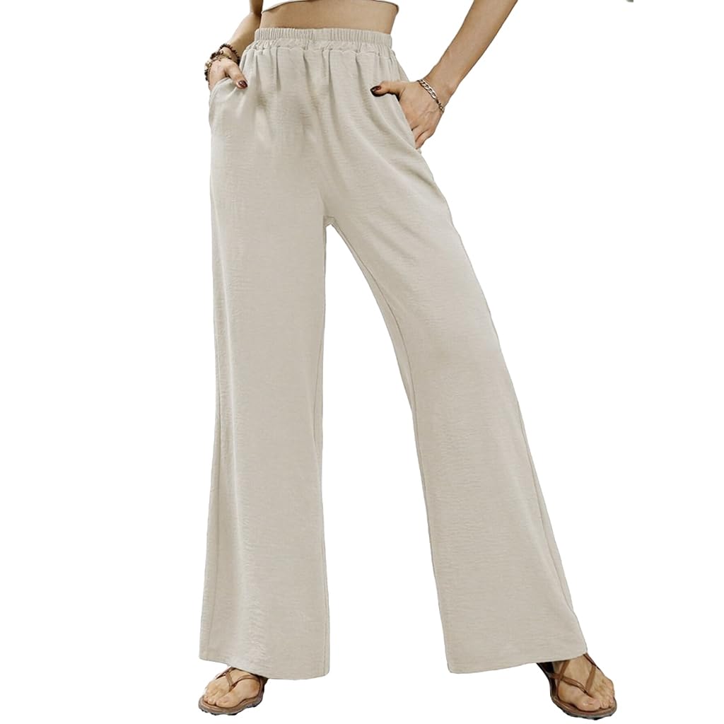 SANNIDHI Women High Waisted Wide Leg Pants for Summer with Elastic Waist and Flowing Tuck Design | Elegant Beige Palazzo Trousers