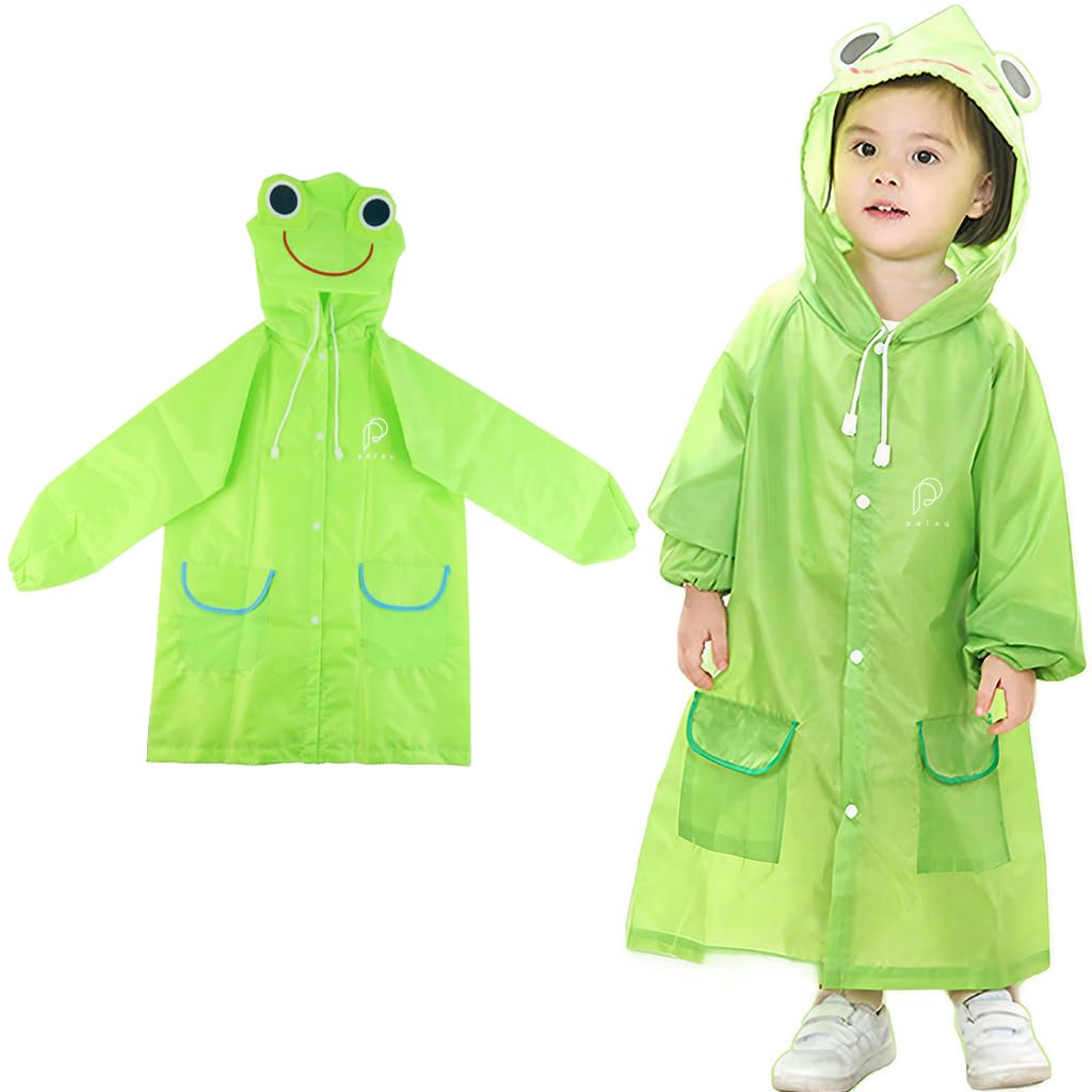 PALAY Raincoat for Kids Boys Girls with Hood, Polyester Rain Ponchos with Pockets and School Bag Coverage, Bright Color Raincoat for 3-7 Years Old Kids (green)