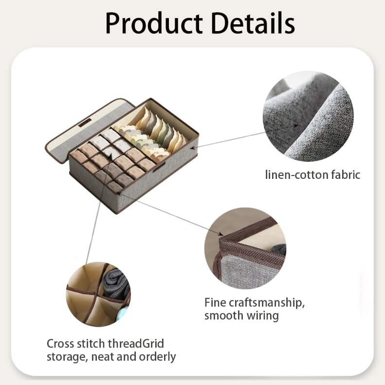 Zibuyu Foldable Undergarments Organizer for Women with 17 Cells and Magic Buckle Lid | Cotton Linen Storage Box for Wardrobe