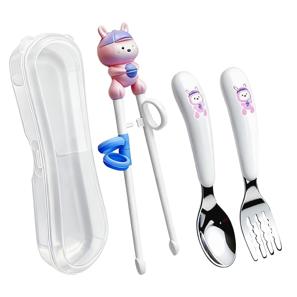 SNOWIE SOFT Kids Spoons and Forks Set for Self Feeding with Hinged Ring Chopsticks | Stainless Steel 3Pcs Pink Utensils for Ages 3–7