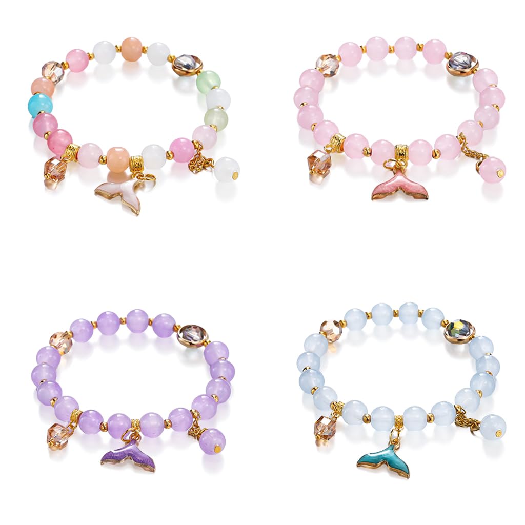 SANNIDHI Bracelet for Girls 4pcs Set, Mermaid Tail Charm Color Beads Bracelets Elastic Fashion Friendship Bracelet for Girl Kids Costume Jewelry Set Christmas Gift