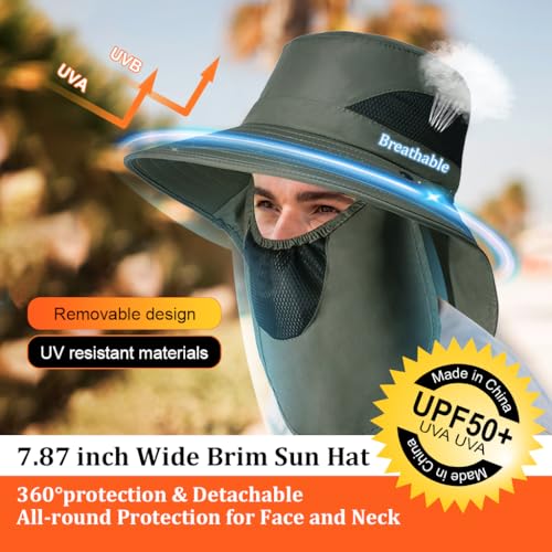 GUSTAVE® Men Silicone Sun Hat Wide Brim Hiking UV Protection with Neck Flap Removable Face Cover Green Free Size 2PCS