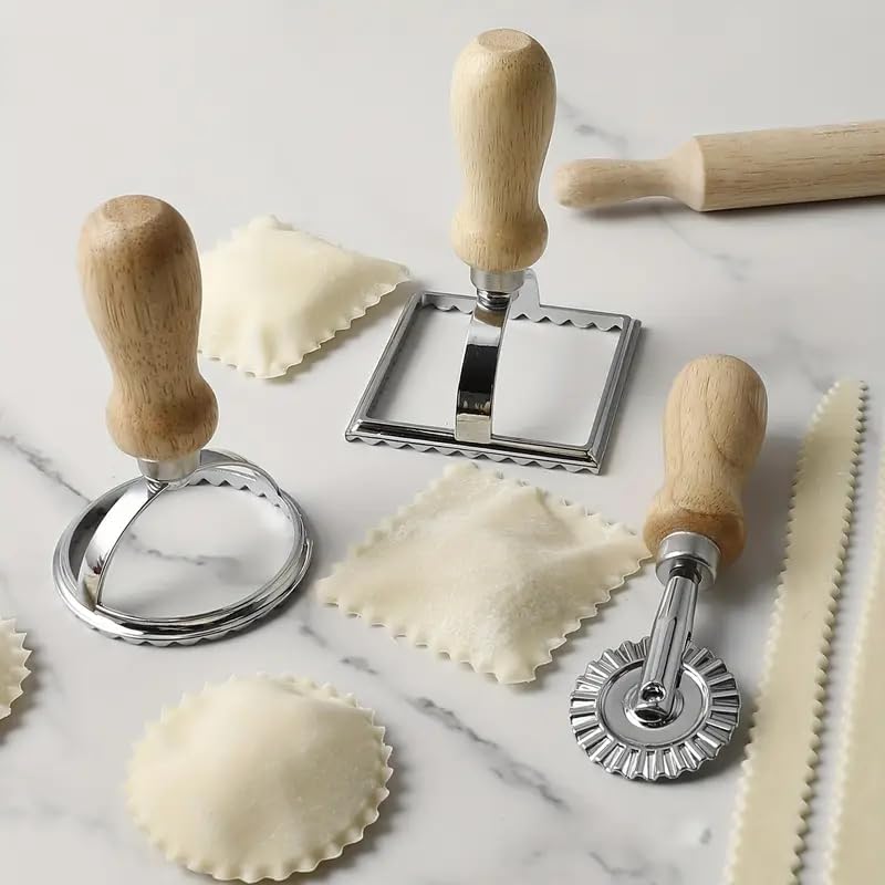 HASTHIP® Ravioli Stamp Maker Cutter with Roller Wheel (Set of 3), Wooden Handle and Fluted Edge, for Ravioli, Pasta, Dumplings Lasagna, Pierogis