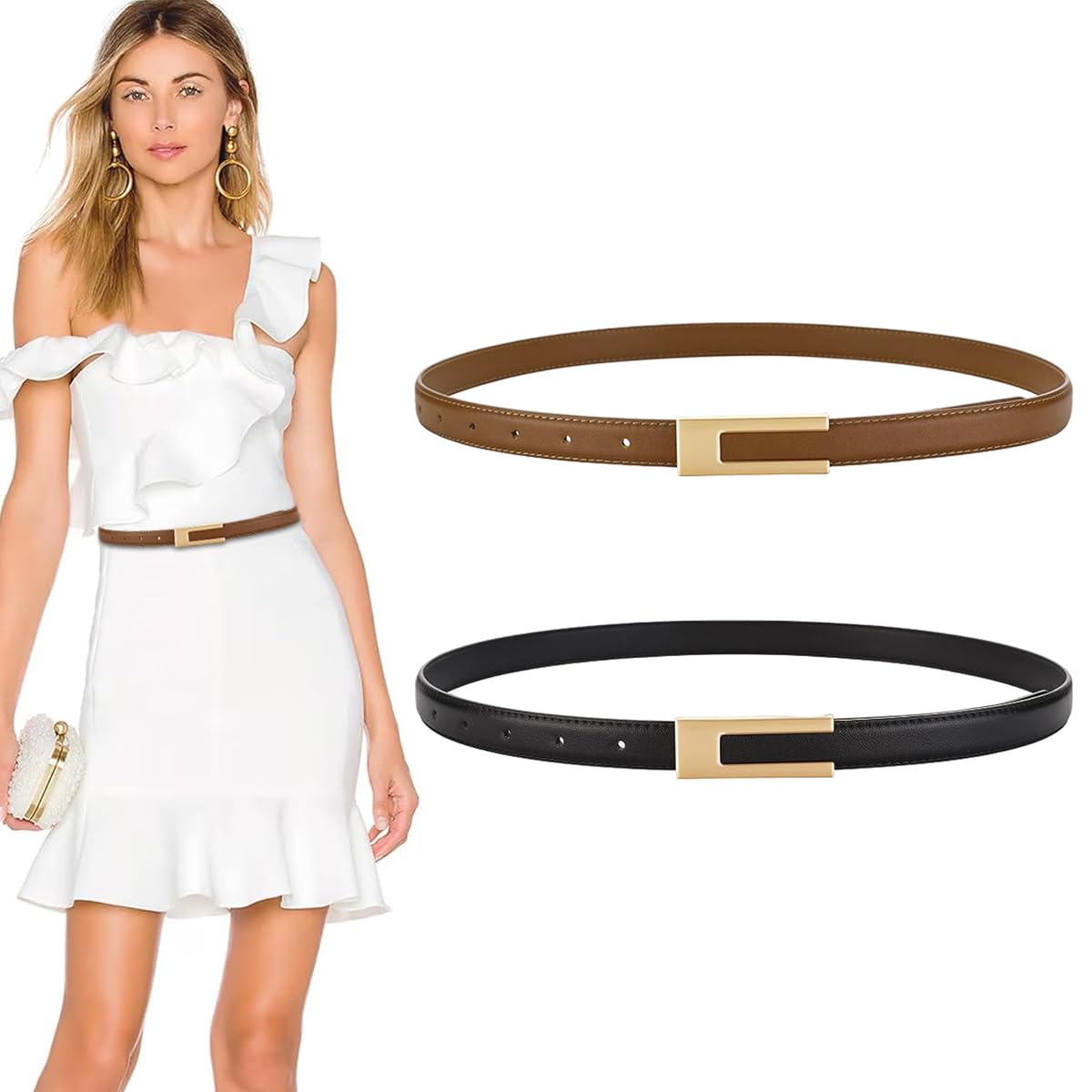 PALAY® 2Pcs Women Belts For Jeans Dresses Pants Ladies Leather Waist Belt with Gold Buckle