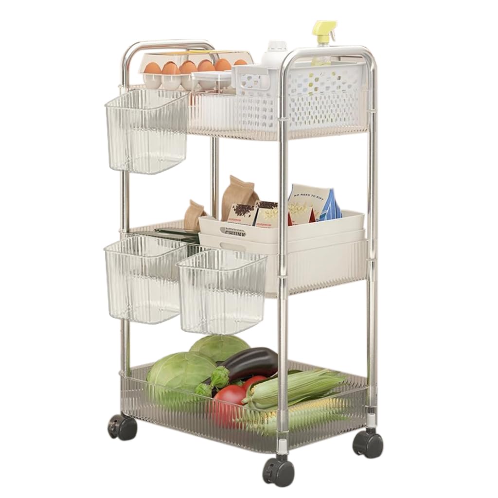 HASTHIP Acrylic 3 Tier Home Organizer for Bathroom and Kitchen with Locking Wheels | Transparent Storage Cart Featuring 36x23cm Baskets