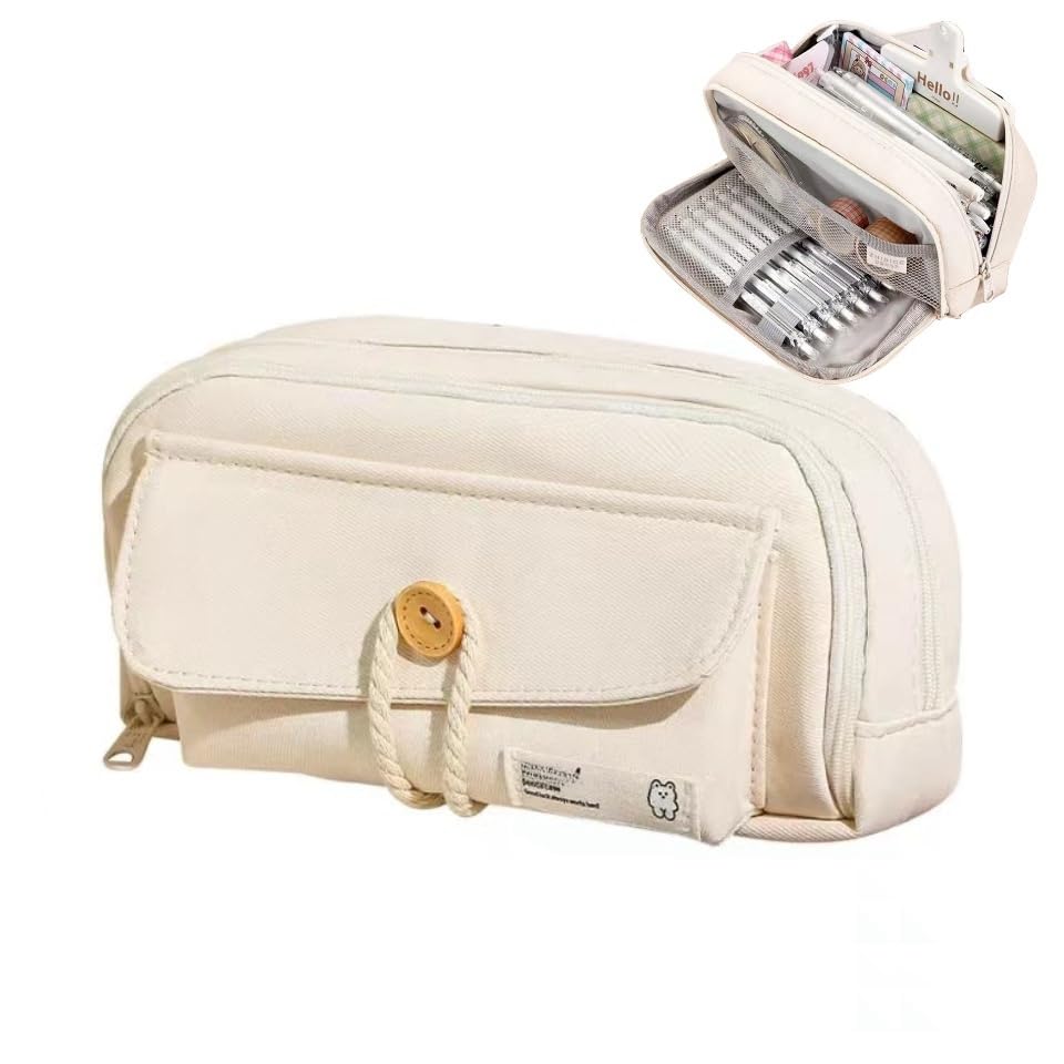 ZIBUYU® Student Pencil Pouch Canvas Pen Storage Pouch Double Layer Zip-up Pencil Pouch Office Stationery Organizer Pouch Fashion Girls Boys Pencil Storage Pouch, 21x11x7.5cm, Beige