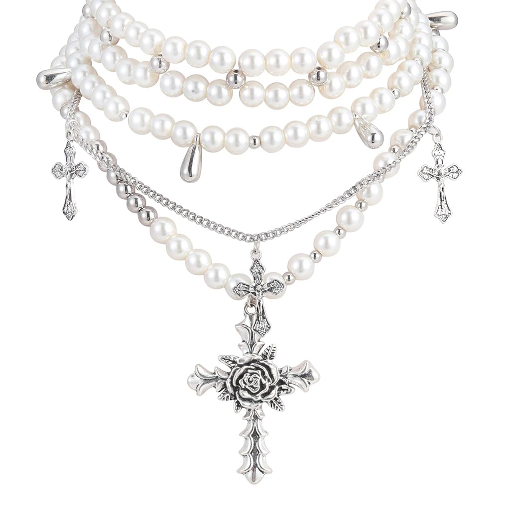 SANNIDHI Chic Necklace for Women Retro Baroque Rose Cross Pendent Layered Pearl Necklace Heavy Duty Faux Pearl Chain Necklace Layed Necklace Punk Rock Style Fashion Necklace