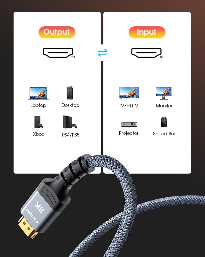 Verilux 8K HDMI Cable for TV and Gaming featuring 48Gbps Transfer & 9.8 ft Nylon Braid