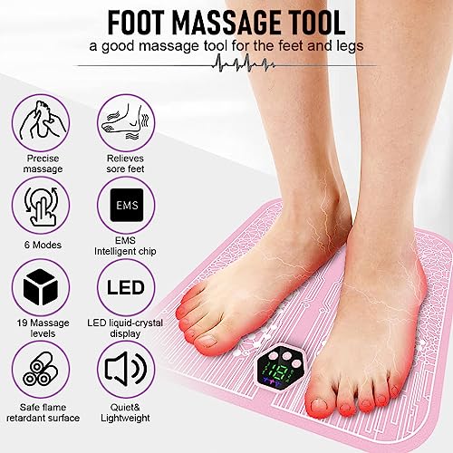 HANNEA® Foot Massager for Pain Relief, EMS Foot Massage Pad, Electric Portable Wireless Rechargeable Massager Pad with 6 Modes, 19 Strength Levels (Pink)