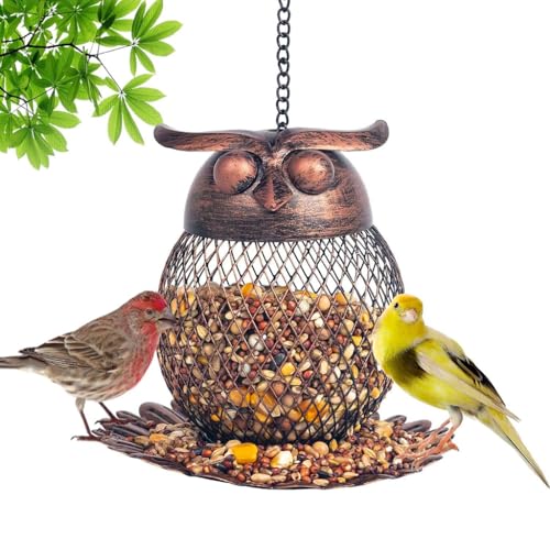HASTHIP® Outdoor Bird Feeder Garden Ornament Hanging Metal Mesh Wire Owl Bird Feeder with Floral Bottom Tray Decorative Garden Ornament, 14.5x15cm