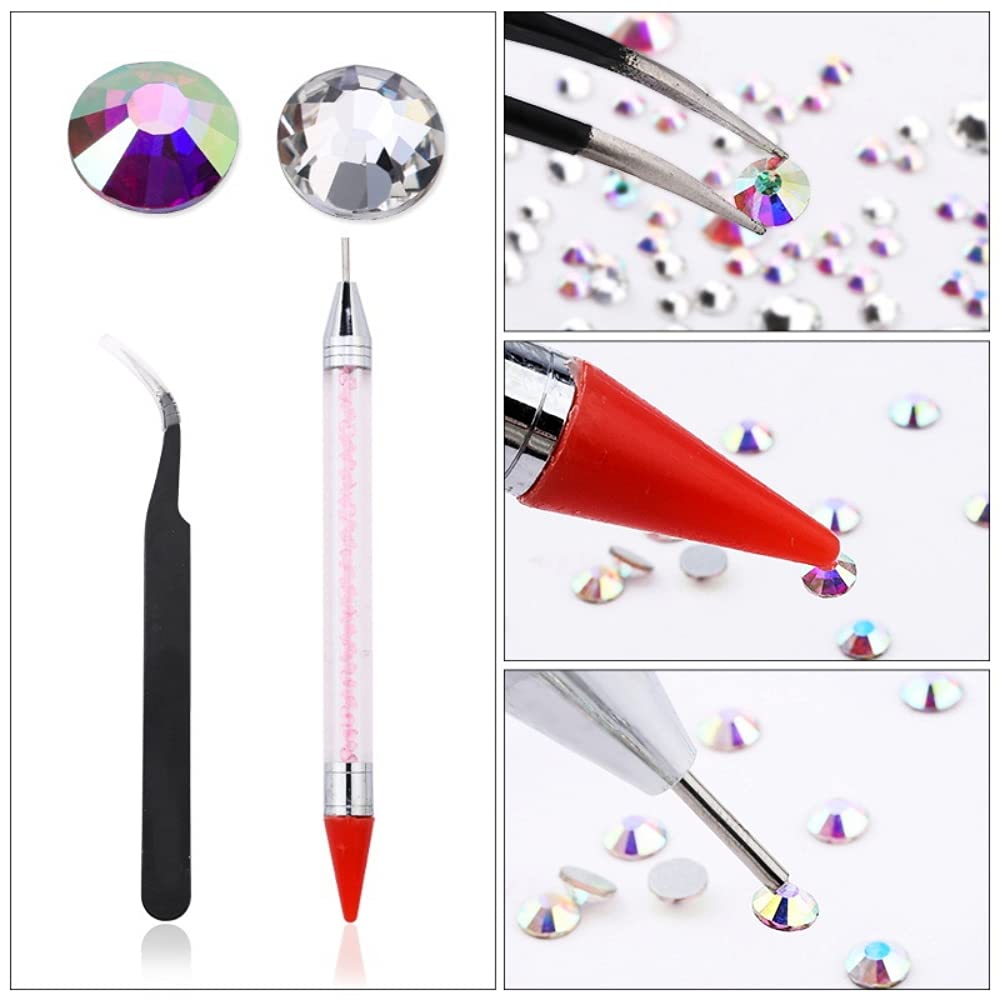 ELEPHANTBOAT® Flat Back Nail Art Kit,AB Crystal Rhinestones and Clear Crystal Rhinestones with Pick Up Tweezer and Picker Dotting Pen,1500 PCS and 6 Sizes