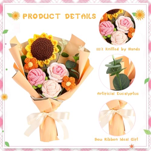HASTHIP® Handmade Crochet Flowers Bouquet Sunflowers Roses Desk Decoration Gift Box Packed Versatile Easy Maintenance Ideal for Indian Women Mother's Day Birthdays 2 PCS