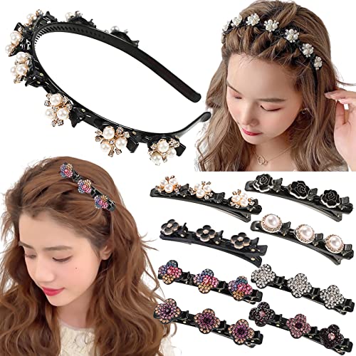 Venzina® 4 Pcs Double Layer Twist Plait Headband Pearl Hairband for Women Girls Braided Hair Band with Floral Alligator Clips Hair Accessories for Thin or Thick Hair