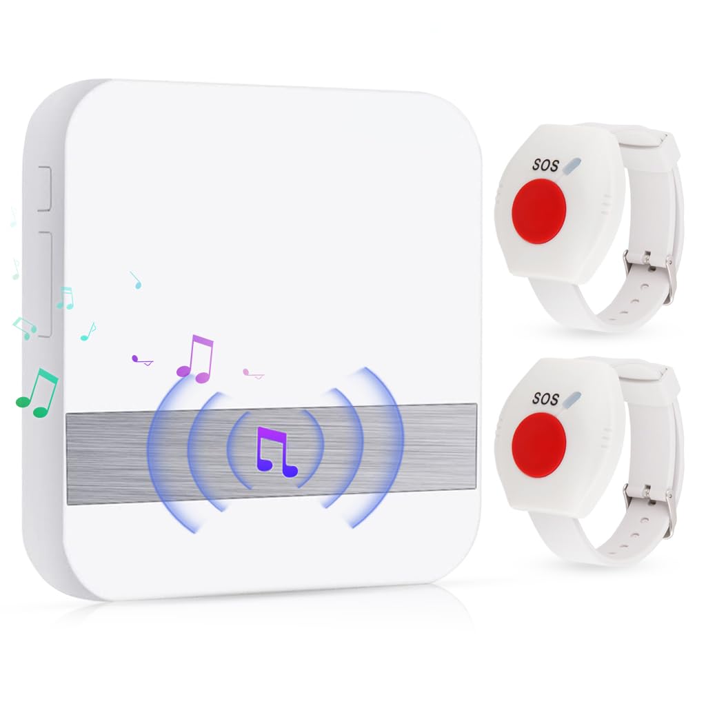 Supvox Wireless Life Alert System for Seniors with 262 ft Range and 52 Ringtones | 2 Call Buttons