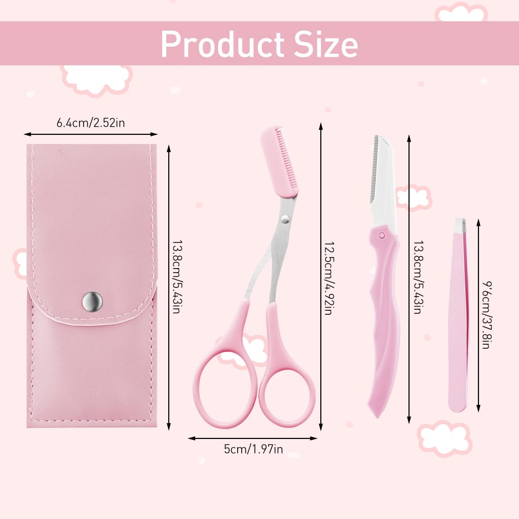 MAYCREATE Eyebrow Trimming Kit 3Pcs for Shaping and Hair Removal with Folding Razor | Pink Stainless Steel Tools in PU Leather Case