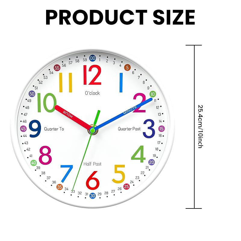 HASTHIP Silent Kids Wall Clock for Teaching Time with Non Ticking Mechanism 8 inch | Colorful Roman Numerals Décor