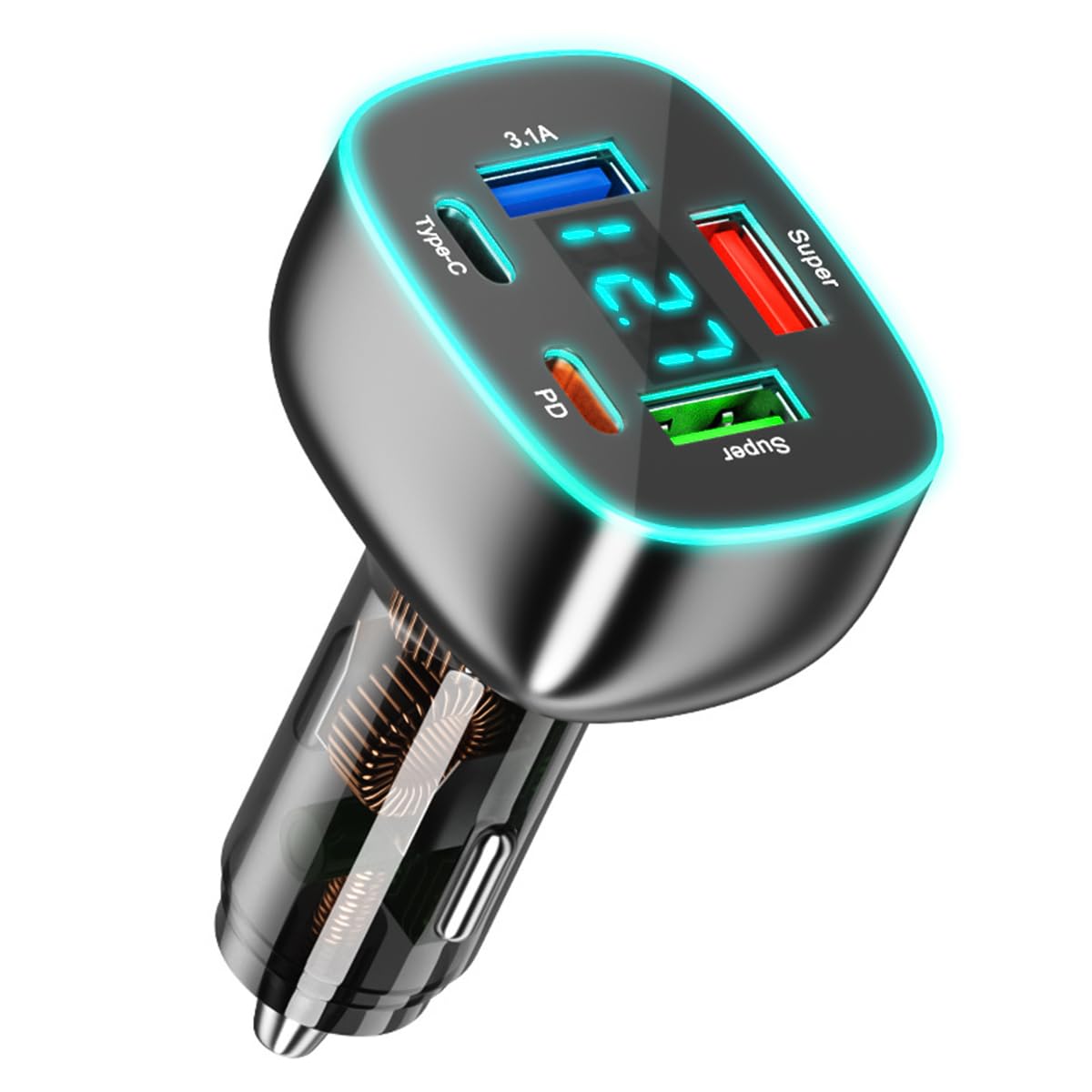 STHIRA USB 3.1 Car Charger for 12V and 24V Vehicles with 106W Output and LCD Display | 5 in 1 Type C PD and USB Ports