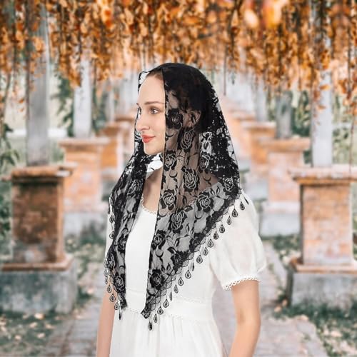 PALAY® Triangle Lace Mantilla Veil Head Scarf Church Mass for Women Embroidery Rose Tassel Ladies Cathedral Covering Wedding Bridesmaids Black 2PCS