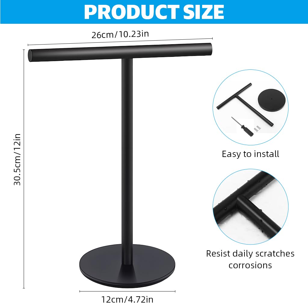 HASTHIP® Towel Rack for Countertop T-bar Towel Rack with Base11.8 inches High Stainless Steel Black Modern Minimalist Bathroom Face Towel Holding Rack Utility Storage Rack for Face Towel, Paper Rolls