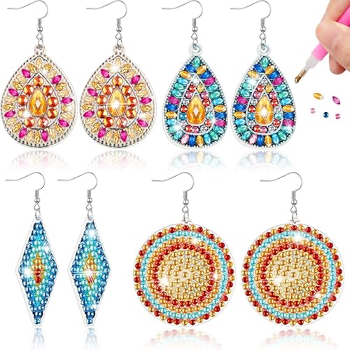 PATPAT® DIY Diamond Painting Dangle Earrings Women Ear Jewelries with 4 Designs, DIY Handmade Sparkling Diamond Fish Hook Earrings Women Jewelry Gift, with Tools & Accessories