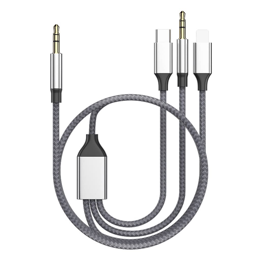 Verilux® 3 in 1 Car AUX Cable 3.5mm to 3.5mm AUX Cable L-ightning/Type C to 3.5mm AUX Cable Universal HiFi Audio Cable for iPhone, Tablet, Car Stereo(Grey)