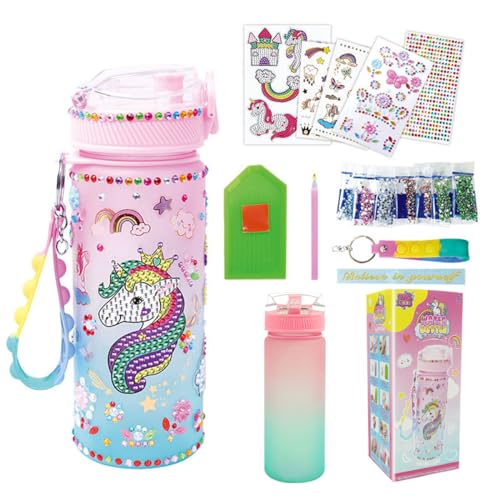 Supvox Girl Water Bottle - Kid DIY Water Bottle Gifts Set Cute Leak Proof Water Bottles with Rainbow Unicorn Stickers for Birthday School Picnic Outdoors for Girls Age 4-6-8-10 (600ml)