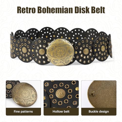SANNIDHI® Women Leather Belt Dresses Stylish Vintage Boho Disk Concho Waist Western Punk Cow Metal Buckle Y2K Accessories Jeans Skirts Black 2PCS