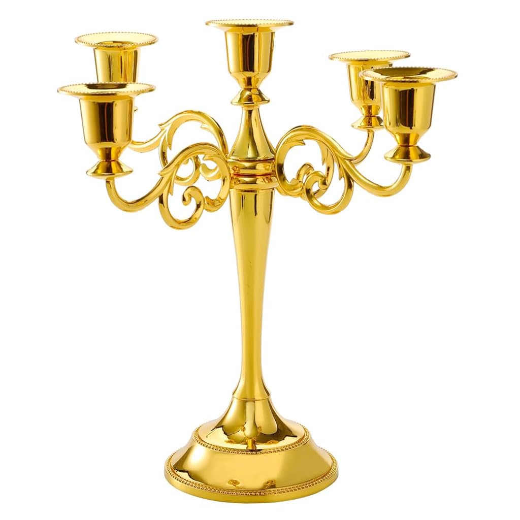 HASTHIP Candle Stand for Home Decor with 5 Arm Candelabra Design in Golden Metal | Dining Table Centerpiece