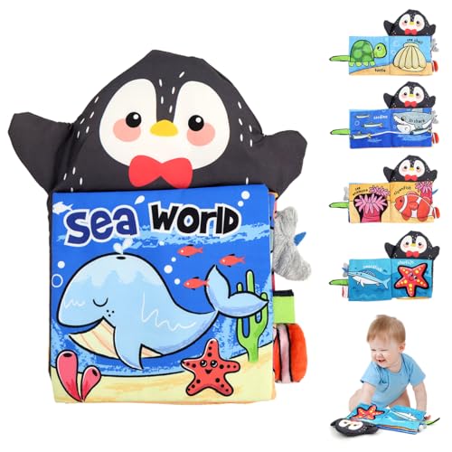 SNOWIE SOFT® Penguin Hand Puppet Cloth Books Baby Books 0-6 Months, Soft Toys Cloth Book for Baby 6 to 12 Months with 3D Touch Feel High Contrast, Early Educational Washable Sensory Toy for Toddler