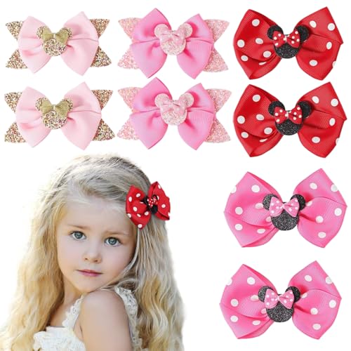 PALAY® 8Pcs Hair Bow Clips Mickey Mouse Hair Bows for Kids Girls in Pairs 4'' Cute Glitter Bow Hair Clips for Girls Kids Fashion Pink Dot Hair Accessories for Girls Gift Party Costume Decor