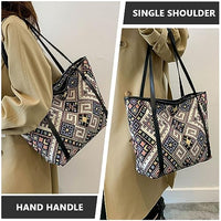 PALAY® Tote Bag for Women Vintage Jacquard Print HandBags With Zipper Closure Leather Large Capacity Shoulder Bag for Shopping, Commuting, School