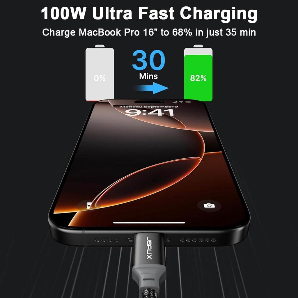 JSAUX Type C Cable for Fast Charging with 100W 5A Power and 6.6ft Nylon Braided Design | 480Mbps Data Transfer