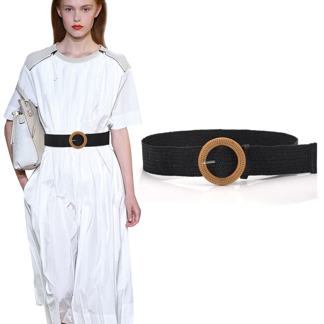 Zibuyu Waist Belt for Women and Girls Dresses featuring 1.77 in Straw Woven Design | Adjustable Round Wooden Buckle