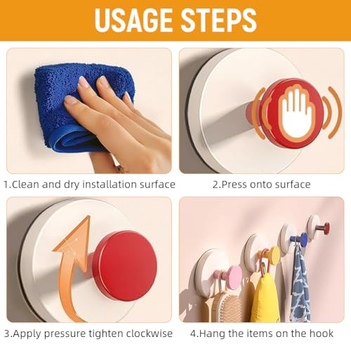 HASTHIP® 4Pcs Coat Hooks Decorative Colorful Wall Peg Hooks for Coats Hats,Rotary Suction Cup Design,Carbon Steel Round-end Wall Multi-use for Kitchen Utensils Clothes Bags