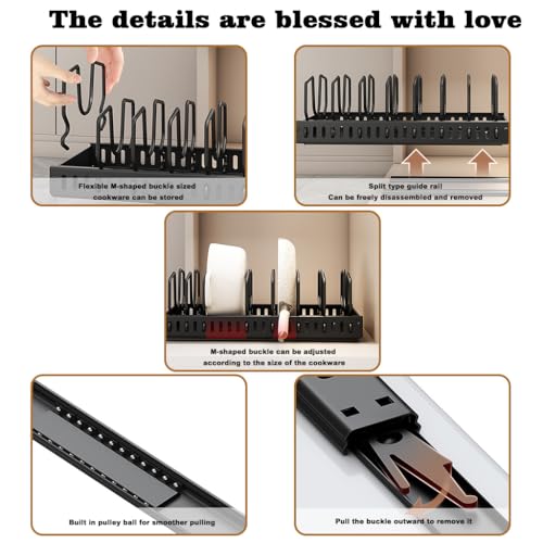 Supvox® Cabinet Pan Organizer Holder, Pull-Out Stainless Steel Dish Holder Wire Storage Holder, DIY Customized Spacing, No Drill Adhesive Sliding Rail, Multi Pots Rack for Countertop, Cabinet