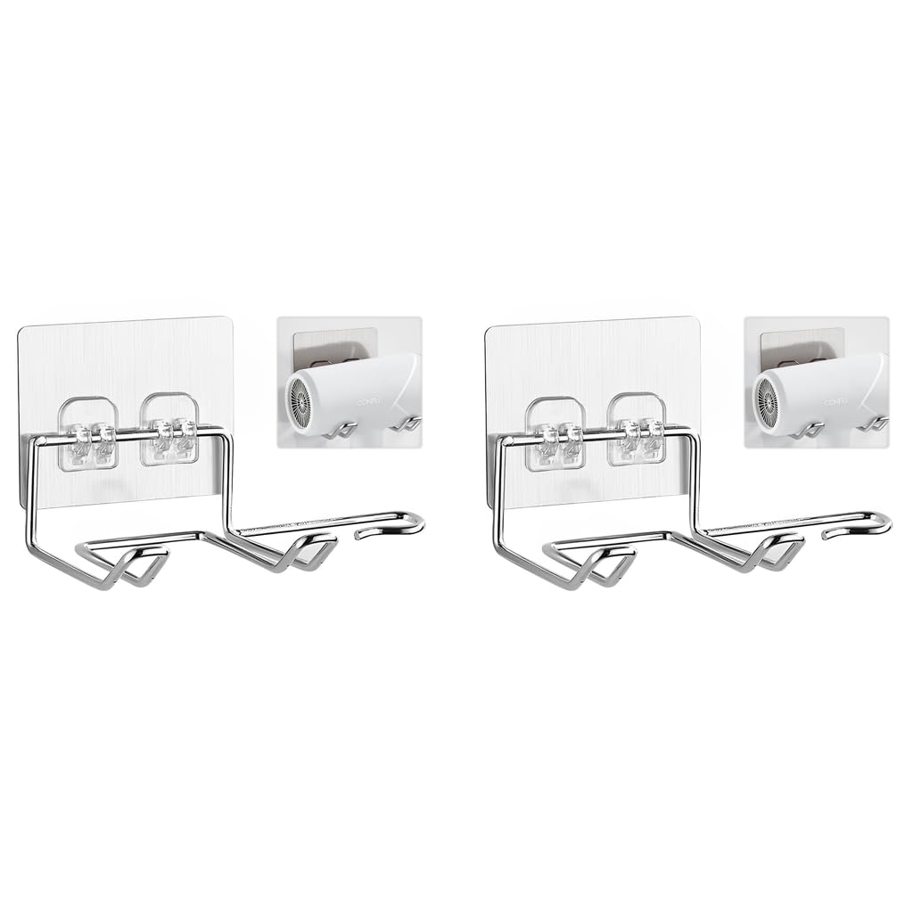 HASTHIP® Hair Dryer Holder Wall Mount Stand Bathroom Self Adhesive Waterproof Rack Organizer Hanger Suitable for Most Models and Brush Curling Iron Straightener Silver 2PCS