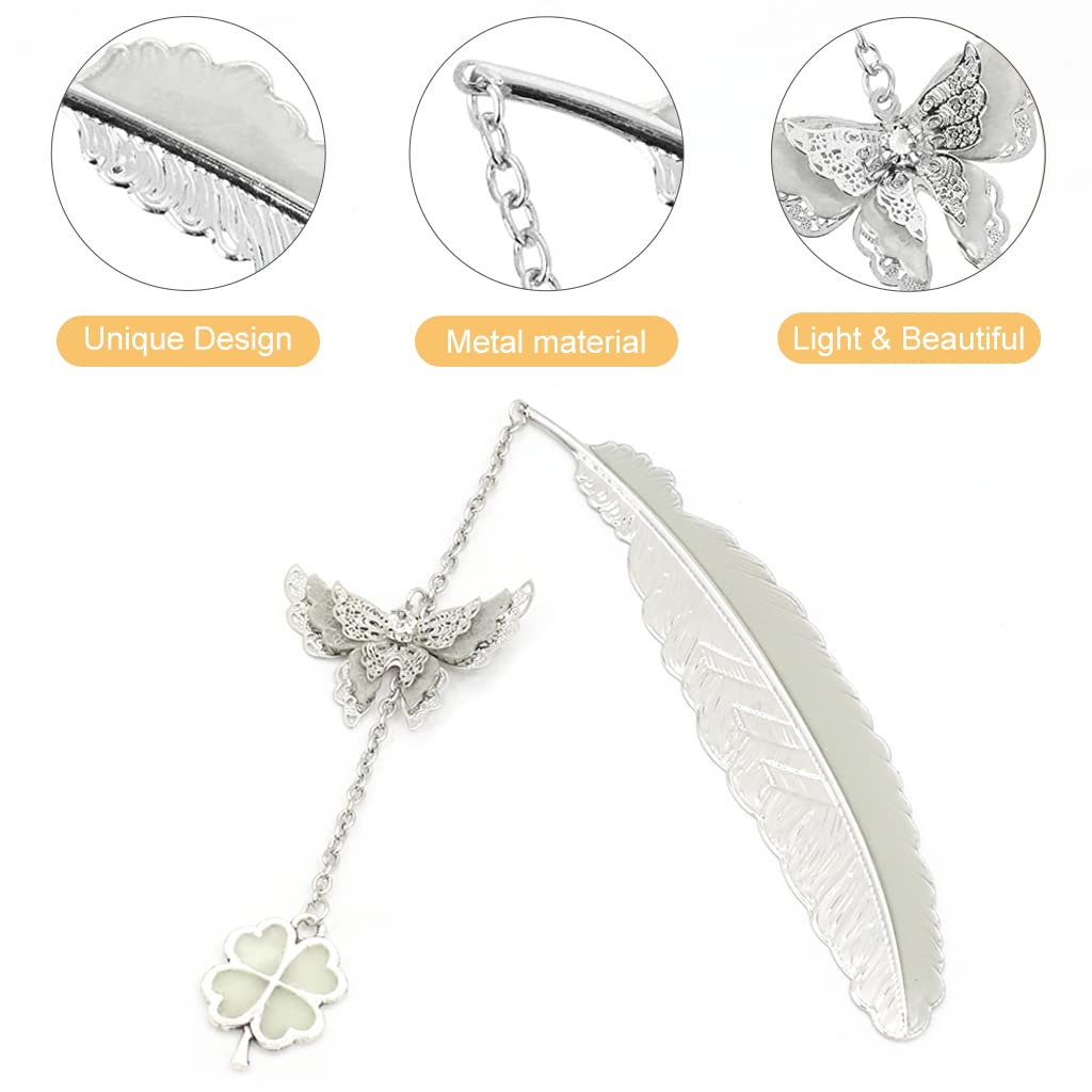 HASTHIP® Metal Feather Bookmark Glow in The Dark, Bookmarks for Books, 3D Silver Butterfly Four Leaf Clover Bookmarks, Bookmark Gift for Teachers Women Student, Mothers Day, Christmas