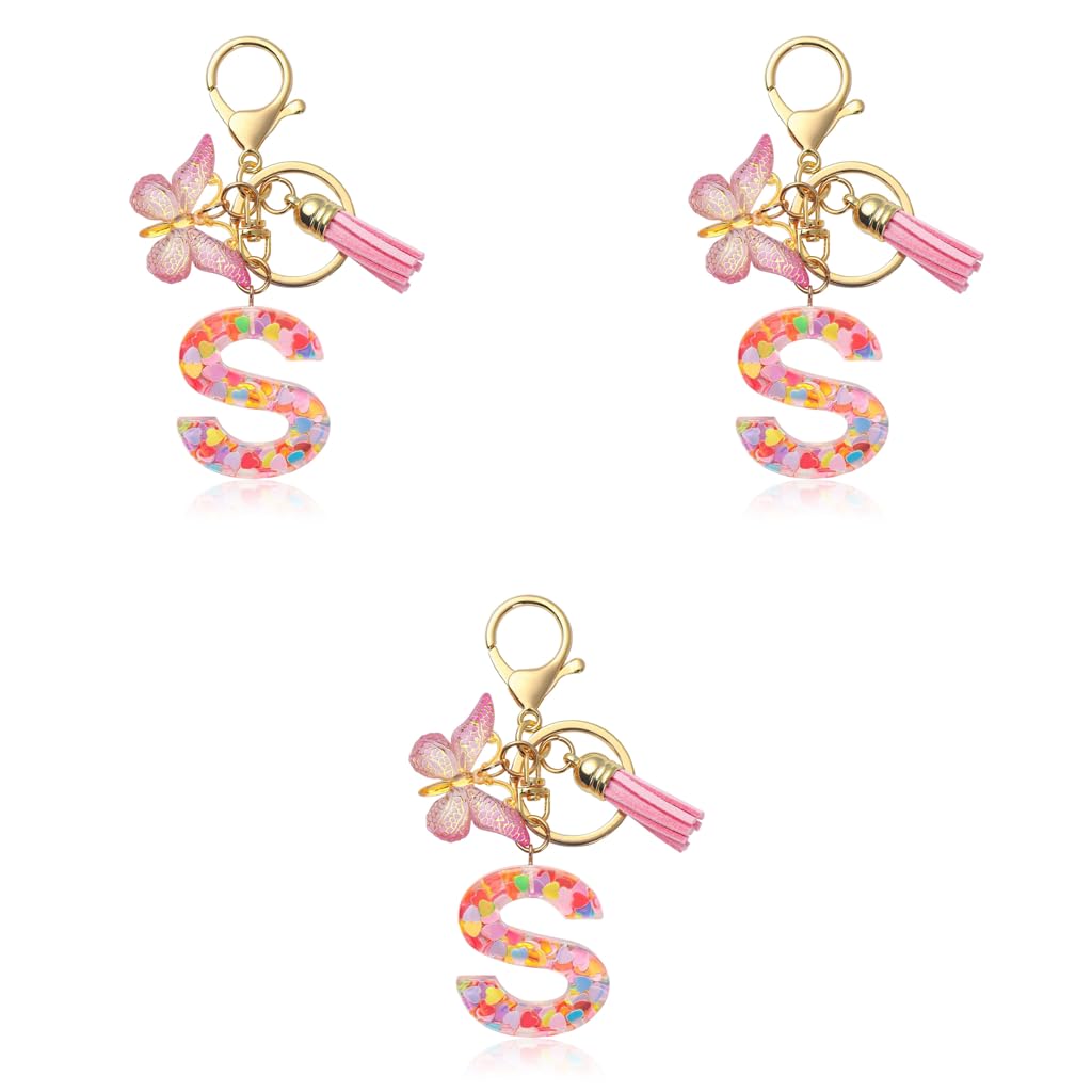 ZIBUYU Letter S Keychain for Bags and Backpacks with Clear Resin Sequins | 3 PCS Pink Butterfly Charm Gift for Girls