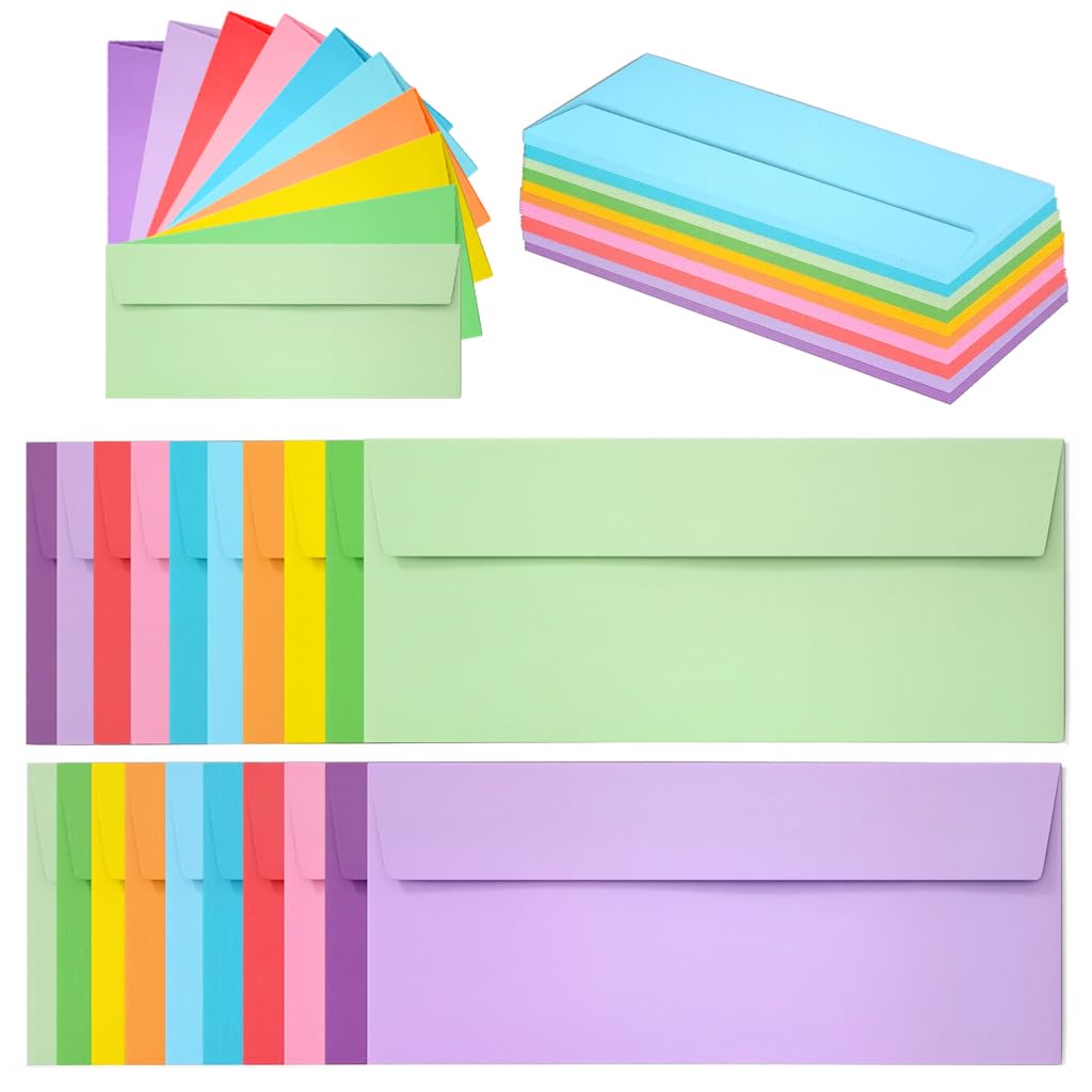 OFIFO Colored Envelopes for Invitations and Letters featuring Self Seal Flap 50 Pack 24.1 x 10.5 cm | Assorted 10 Bright Colors