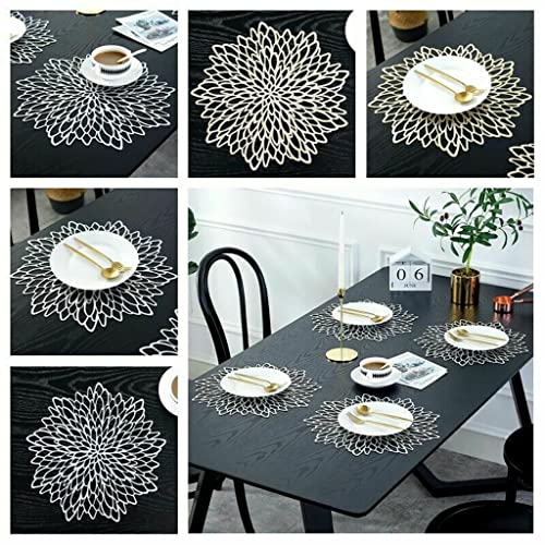 HASTHIP® PVC Table Mat, Placemats Sets of 2, 15'' Round Leaf Place Mats, Cutwork Design Dining Table Mats, Washable Heat Resistant Vinyl Table Mats for Morden Kitchen Dining Table Wedding (Silver)