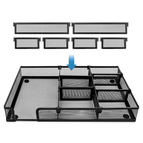 OFIFO® Desk Drawer Organizer Tray with 6 Adjustable Compartments, Metal Mesh File Organizer, Multi-Purpose Drawer Storage Solution for Office, Home, and School Use